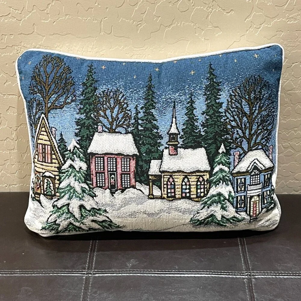 Throw Accent Pillow Winter Christmas Church Village Blue Silver Holiday